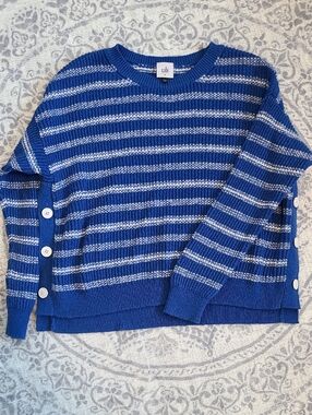 CAbi Blue and White Striped Crewneck Sweater with Side Buttons